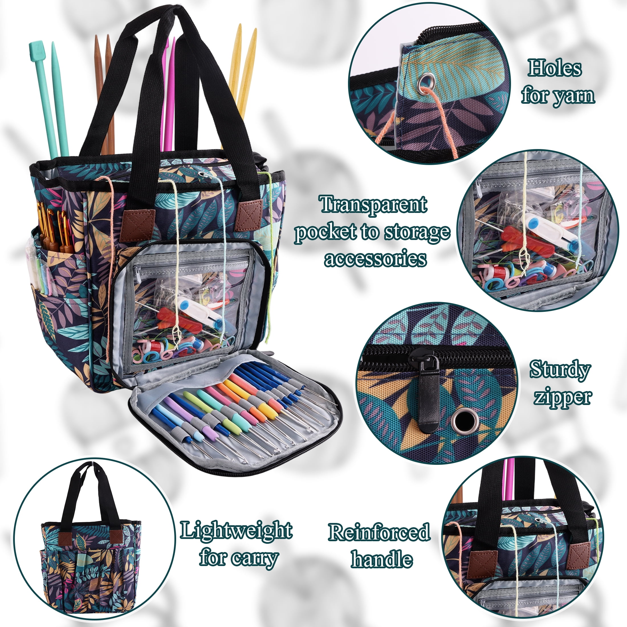 Fabulas Crochet Bag, Yarn Storage Organizer Knitting and Crochet Tote Bag, Portable Yarn Holder for Crocheting Projects, Yarn Bag for Crochet Accessories, Crochet Hooks, Yarn Balls, Blue