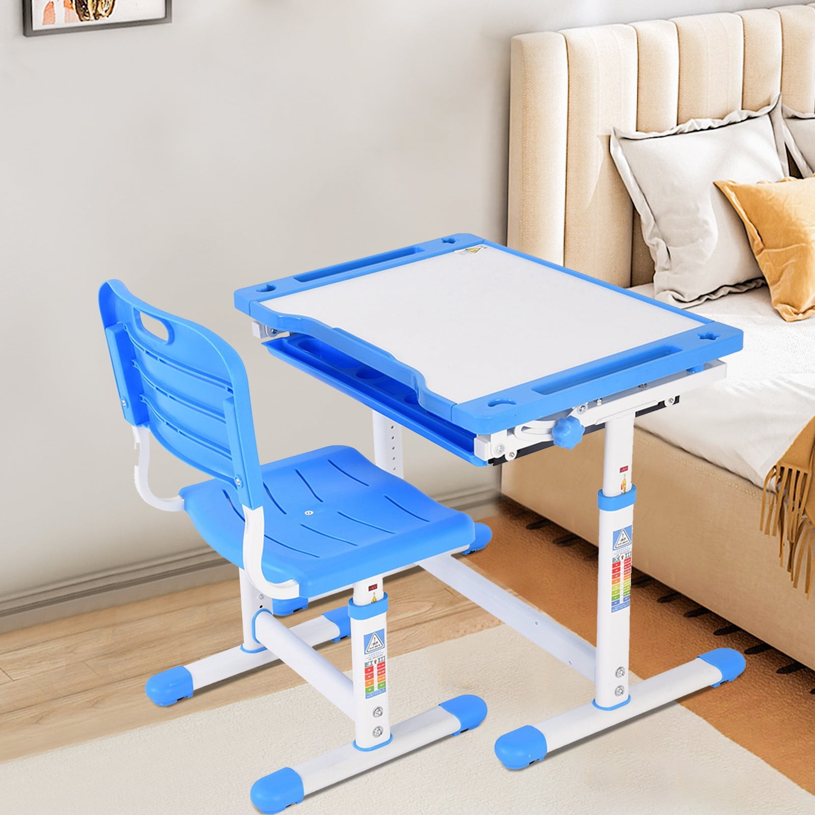 Height Adjustable Kids Desk And Chair Set With Tilted Desktop, Storage