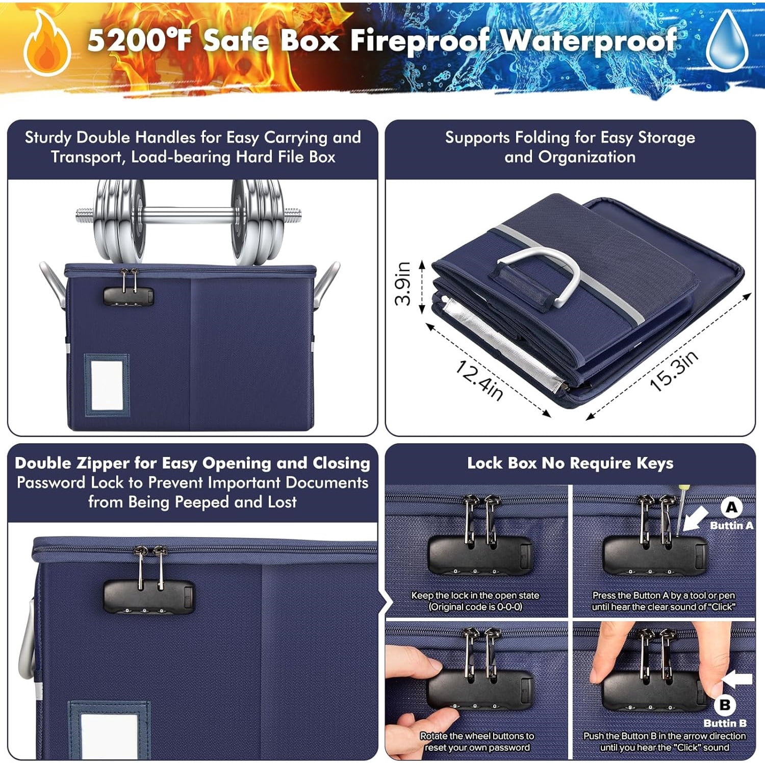 5200°F Fireproof Document Box, Fire Important Document Organizer with Lock, Upgraded Heat Insulated Filing Storage Cabinet Office Organization (5200°F Fireproof Box, Blue)