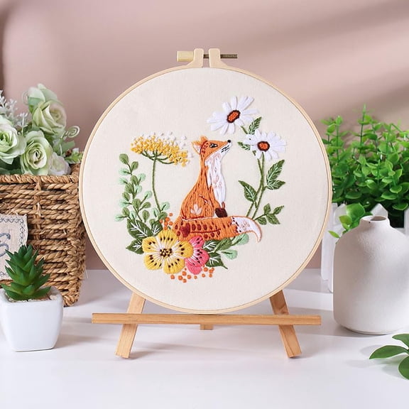 Embroidery Starter Kits with Fox & Flowers Pattern and Instructions, Plastic Embroidery Hoops,Color Threads and Needles,Embroidery Kit for Home Decor(LE73)
