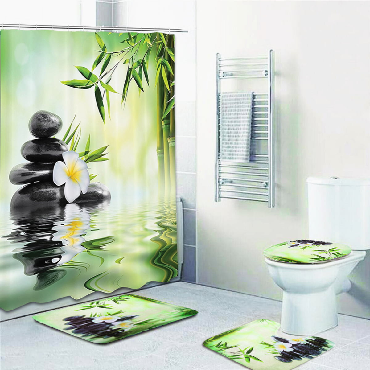3pcs Non-Slip Bathroom Pedestal Rug Pad+Lid Toilet Cover+Bath Mat+Shower Curtain 