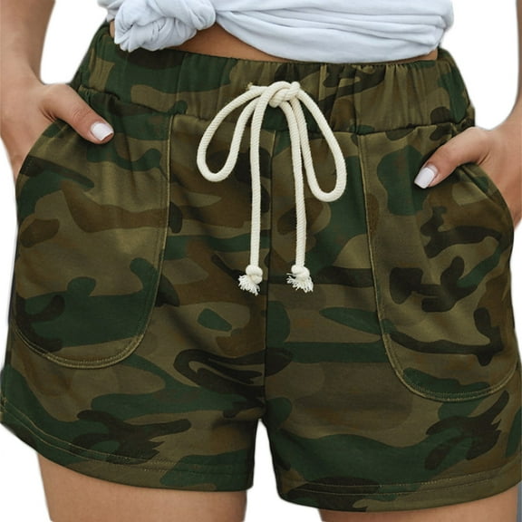 Yokua Women Drawstring Elastic High Waist Shorts Vintage Camouflage Print Casual Loose Pants Straight Trousers with Pockets