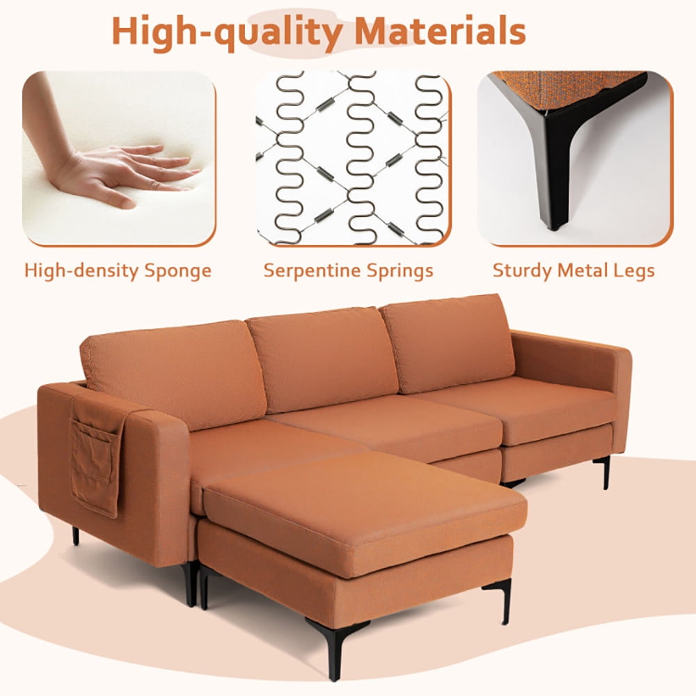 Finihen L-shaped Sectional Sofa Couch, Convertible Sectional Sofa, Modular L-shaped Sectional Sofa with Reversible Chaise and 2 USB Ports, for Living Room, Orange Finihen L-shaped Sectional Sofa Couch, Convertible Sectional Sofa, Modular L-shaped Sectional Sofa with Reversible Chaise and 2 USB Ports, for Living Room, Orange