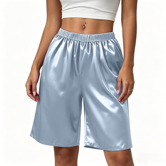 Home Shorts for Women Low Waist Summer Satin Pajama Shorts for Women Knee Length Cooling Casual Shorts Loose Plus Size Women’s Home Loungewear Shorts Blue 3XL