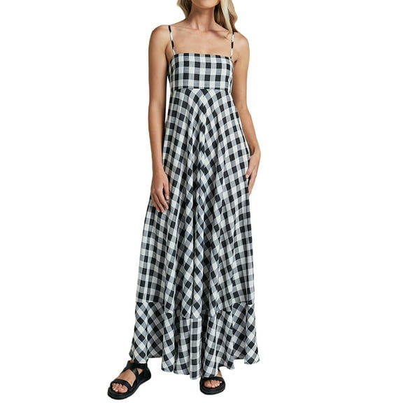 Michellecmm Women Summer Sleeveless Dress Casual Plaid Print Spaghetti Strap A-Line Party Dress