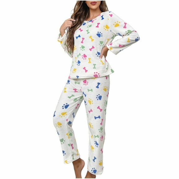 Hrsba Women's Pajama Set Long Sleeve Round Neck Top with Long Pants Flannel Print for Fall Winter