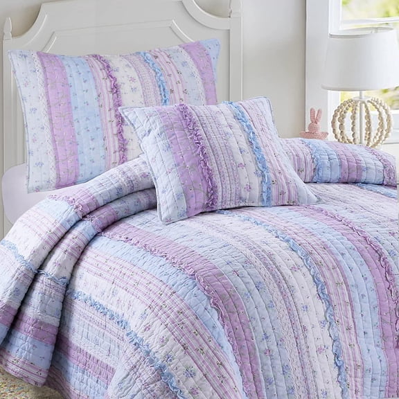 Cozy Line Shabby Chic Floral Ruffle Stripe 100% Cotton Reversible Quilt Set (Lavender, King - 3 Piece)