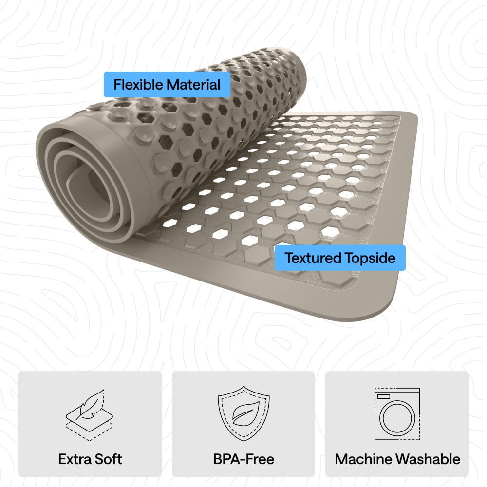 GORILLA GRIP Patented Bath Tub Shower Mat, Machine Washable Bathtub Floor Liner Mats, Suction Cups and Drain Holes to Keep Tubs Clean, Soft on Feet, Bathroom Essentials, 35x16 Inch, Beige