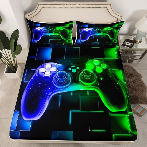 YST Kids Gamer Bed Sheets Twin, Gaming Fitted Sheet, Video Games Gamepad Sheets Neon Glowing Square Geometric Grid Blue Green Bed Set