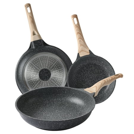 

Motase NonStick 3-piece Frying Pan Skillet Set 8 9.5 and11 PFOA Free Cookware Pan Granite Coating Black