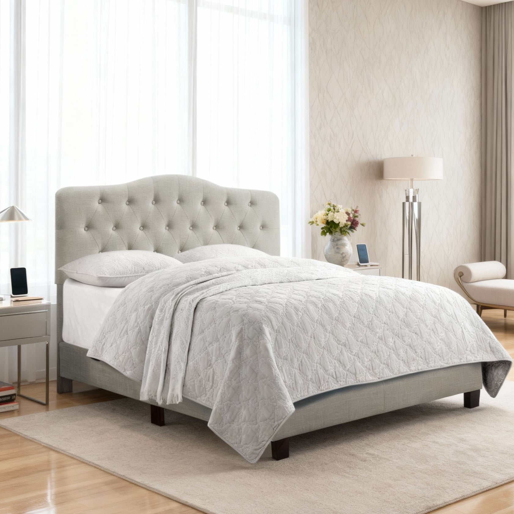 Gewnee Gray Queen Platform Bed,Linen Fabric Padded Headboard,Solid Wood Slat Support & Sturdy Construction,Ideal for Bedroom,Box Spring Required