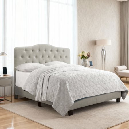 Gewnee Gray King Platform Bed Linen Fabric Padded Headboard Solid Wood Slat Support & Sturdy Construction Ideal for Bedroom Box Spring Required