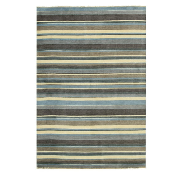 EORC Blue/Brown Handmade Wool Transitional Striped Rug, 2' x 10'
