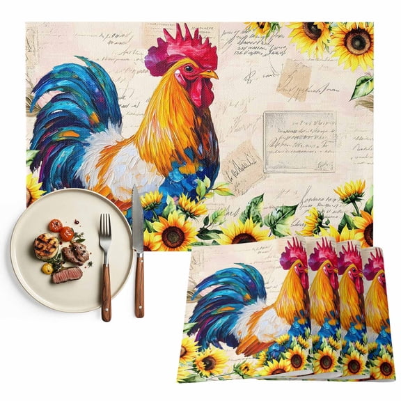 Placemats Set of 6, Sunflower Rooster Place Mats Farm Animal Vintage Floral Tablemats Washable Placemat Table Decoration for Kitchen Table Dinner Party Home Decor Indoor Outdoor 13x19 Inch
