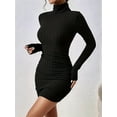 thumbnail image 2 of Women'S Rib Knit Ruched Long Sleeve Short Bodycon Dresses High Neck Slim Fit High Waist Sweater Dress Black L, 2 of 7