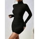 thumbnail image 4 of Vestido Tipo Suéter de Punto Acanalado para Mujer, de Larga, Fruncido, Ajustado, con Cuello Alto y Cintura Alta Negro L, 4 of 9