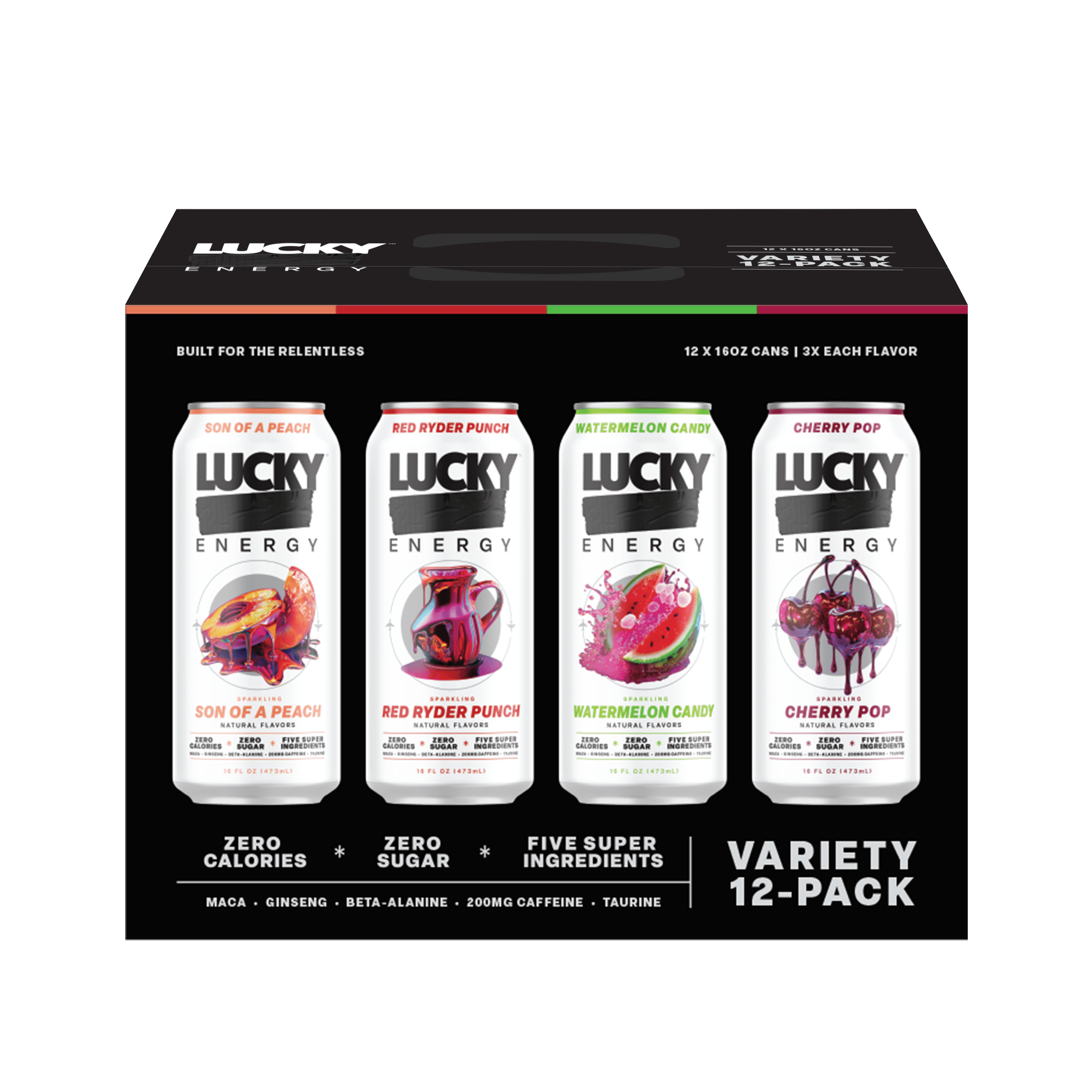Lucky Energy Sugar Free Energy Drinks 16 oz Cans (12-pack), Variety Pack with Maca, Ginseng, Taurine, Beta-Alanine, 200mg Caffeine, Zero Calories