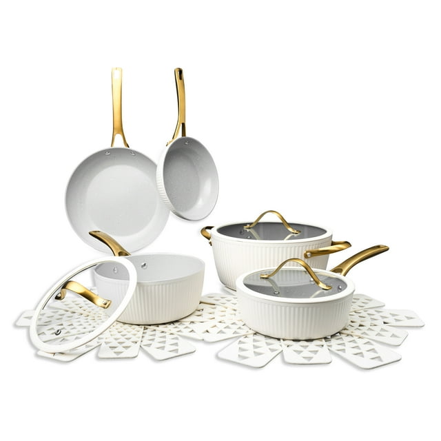 Thyme & Table 12-Piece Non-Stick Signature Cookware Set, Pots and Pans Set- White & Gold