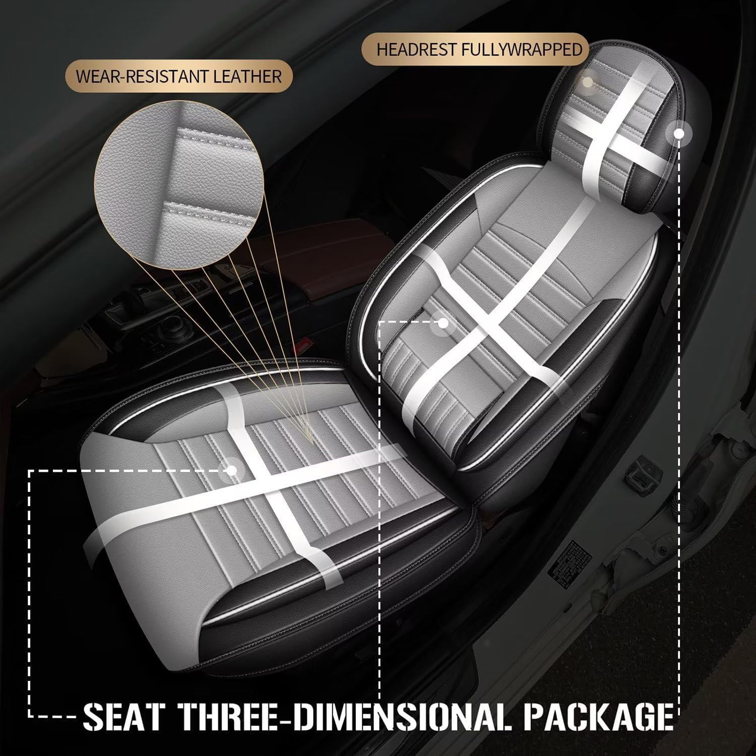 DIKSOAKR 2 Front Car Seat Cover Fit for Ford F-150 2009-2025: Faux Leather Seat Cushion with Lumbar Support Waterproof Seat Protector Compatible Airbag (Black&Gray)-First Row 2 Seats