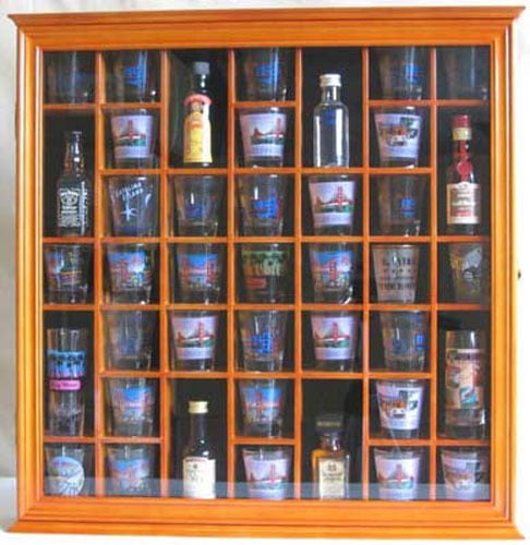 Cherry Finish 41 Shot Glass Display Case Holder Cabinet Wall Rack with Glass Door 