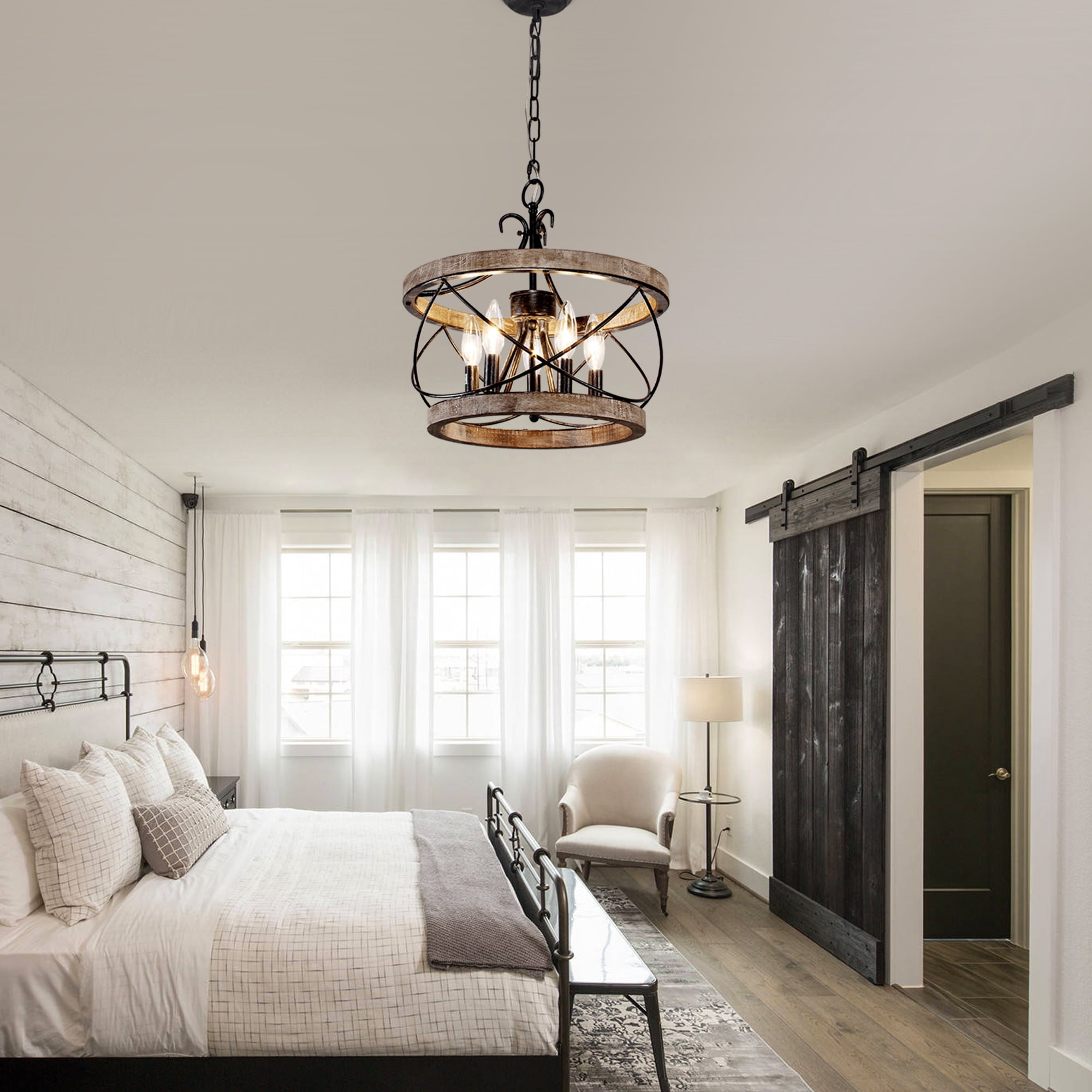 Oaks Aura 5-Light Wood Farmhouse Drum Chandelier Dining Room Adjustable Height Pendant Lighting