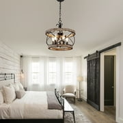 Oaks Aura 5-Light Wood Farmhouse Drum Chandelier Dining Room Adjustable Height Pendant Lighting
