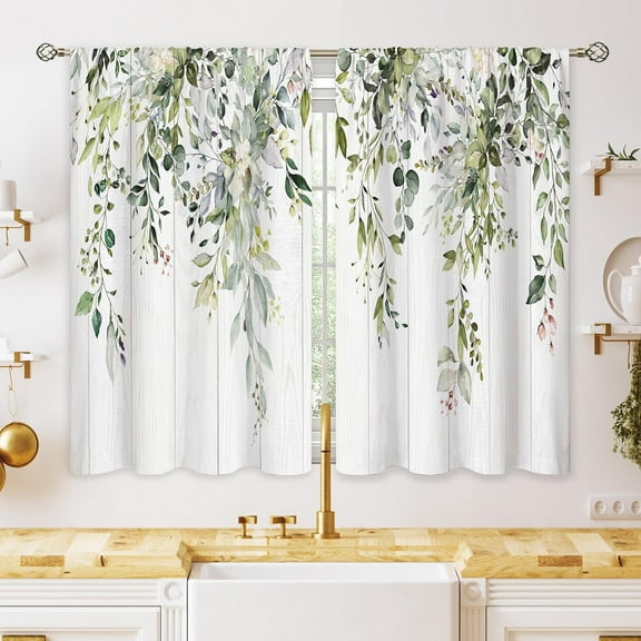 Farmhouse Eucalyptus Botanical Small Kitchen Curtains Rustic Leaves Window Treatment Wooden Floral Sage Mint Green Cafe Short Curtains for Bathroom Dining Tier Treatment Drapes 26x36 inch