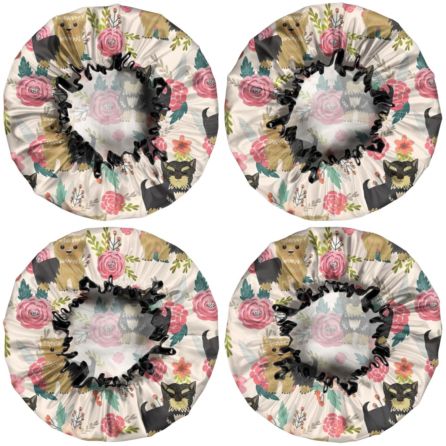 Shower Caps,Yorkie Dog and Pioneer Flower Waterproof Shower Cap for Women 4 Pieces,Double Reusable Hair Cover for Shower PEVA Elastic Stretch Hem