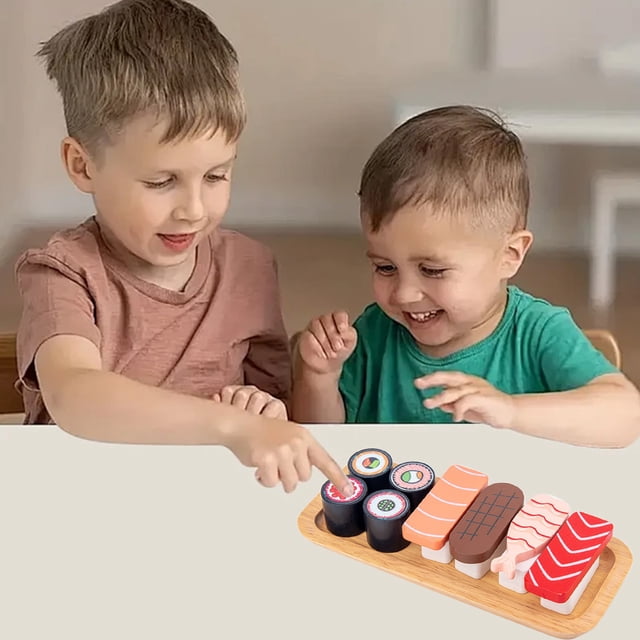 Juego de sushi de madera | Juguete de comida de fantasía Sushi variado con bandeja de madera | Juego de rol interactivo e imaginativo | Desarrollo de habilidades motoras finas | Multicolor |