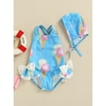 thumbnail image 2 of TSEXIEFOOFU Toddler Girls One-Piece Bikini Ice Cream Print Sleeveless Backless Swimsuit Summer Back Cross U-Neck Swimwear with Hat, 2 of 8
