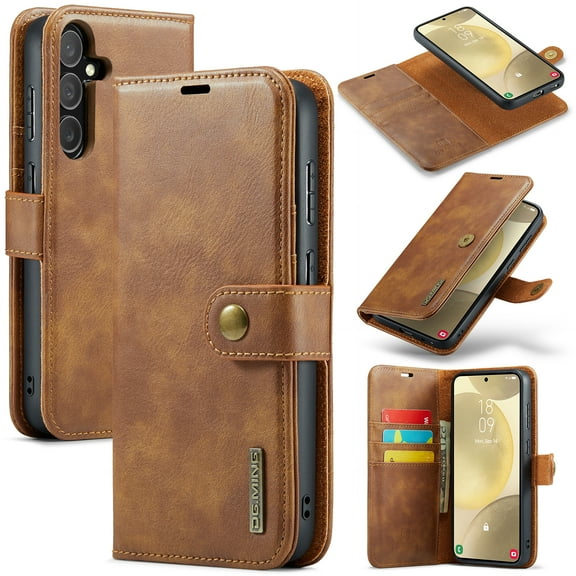 Allytech Wallet Case for Samsung Galaxy S25 with 3 Card Slots & Cash Pocket, 2 in 1 Detachable Strong Magnetic Case, Retro PU Leather Shockproof Magnetic Clasp Slim Protective Shell - Brown