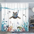 thumbnail image 2 of Funny Cat Shower Curtain Set Teal Blue Sea Ocean Waterproof Fabric Curtains with Animal Octopus Starfish Turtle Anchor Fish Nautical Bathroom Decor (B, 2 of 4