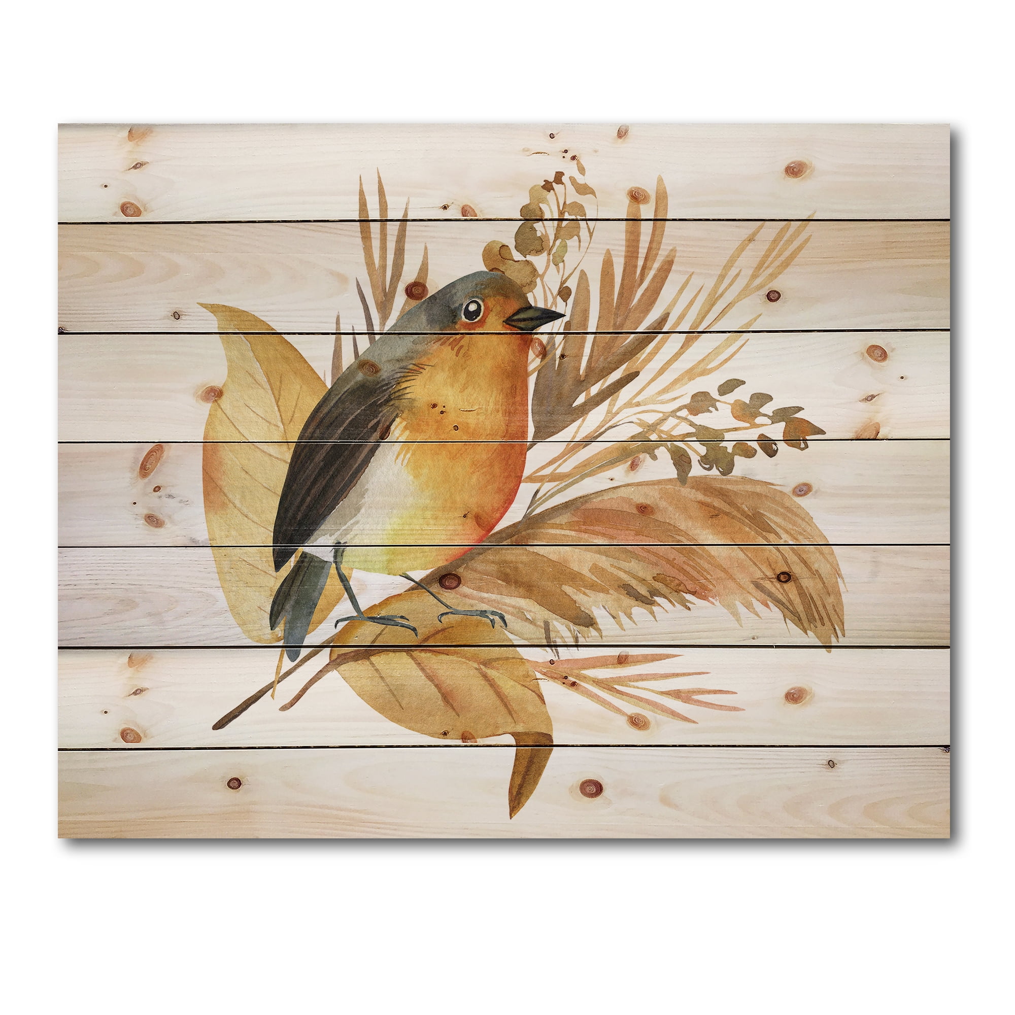 Designart 'Autumn Flowers and Robin Bird' Traditional Print on Natural Pine Wood