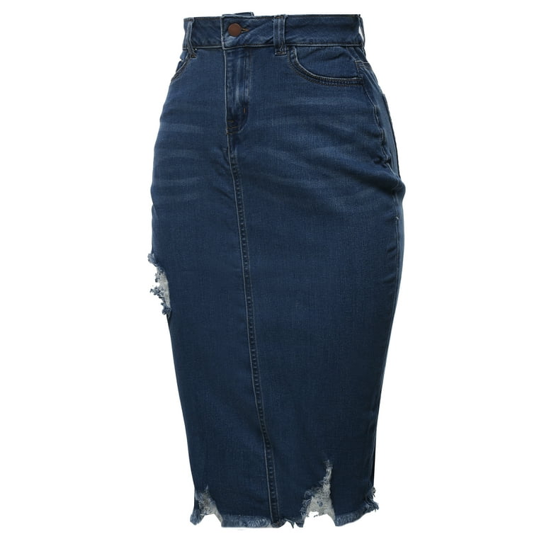 A2Y Women s Slim Fit Rayon Knee Length Unhem Back Slit Denim Jean Pencil Skirt Dark Wash S Walmart