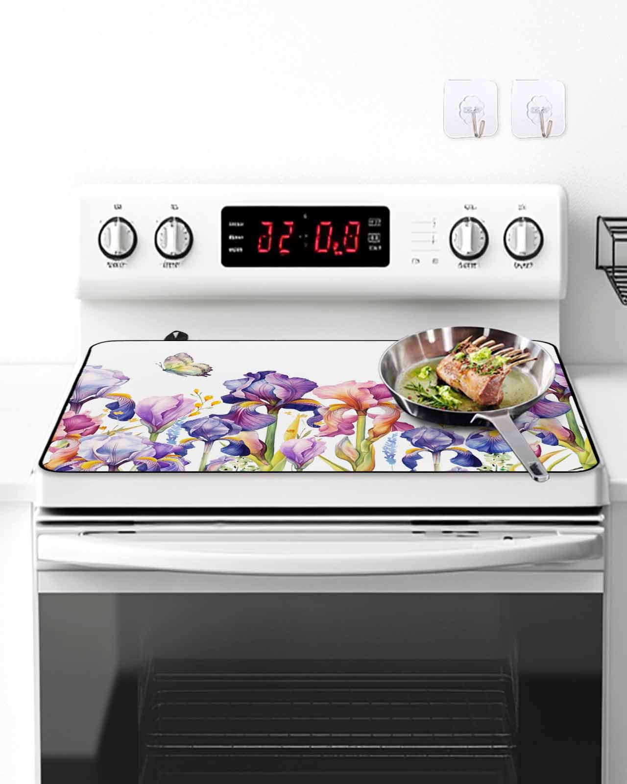 Stove Top Covers for Electric Stove, Watercolor Purple Floral, Glass Stovetop Cover Protector, Flower Leaves Hearb White Induction Cooktop Protector Oven Mat for Kitchen Countertop 24"x21"