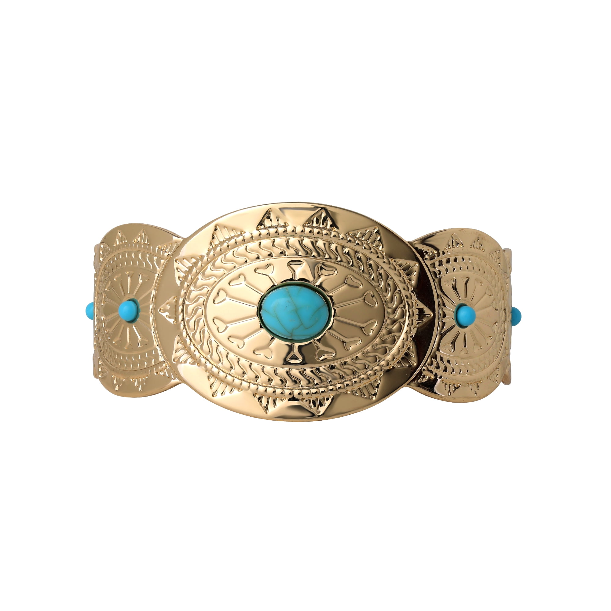 Jessica Simpson Women's Gold-Tone Faux Turquoise Engraved Cuff Bracelet