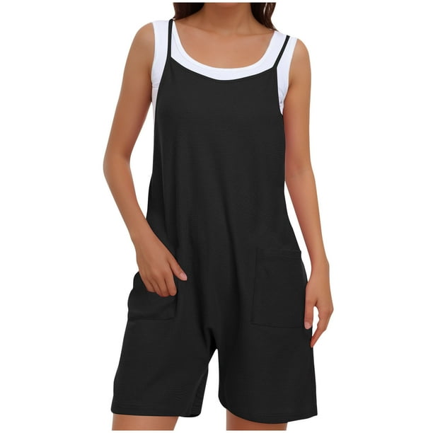 Puntoco Pantalones cortos de algodón para mujer, monos holgados de color liso con doble bolsillo y sin mangas, monos de pierna ancha