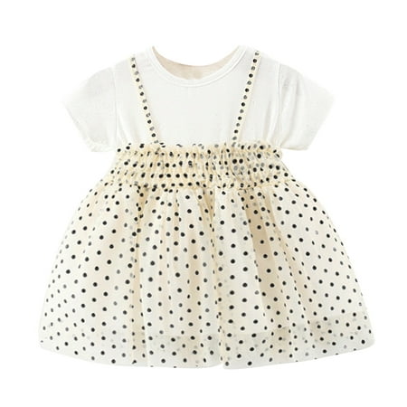 

DNDKILG Baby Toddler Girl Polka Dot Ruffle Dress Short Sleeve Dresses Tulle Tutu Summer Sundress White 1Y-6Y 110/11