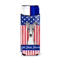 thumbnail image 1 of Koozies para latas delgadas Caroline's Treasures BB2166MUK Dios bendiga la bandera estadounidense con galgo italiano multicolor, 1 of 1