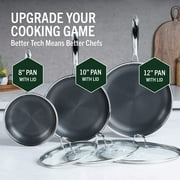 HexClad 6 Piece Hybrid Stainless Steel Cookware Pan Set 8, 10, 12 with Glass Lids