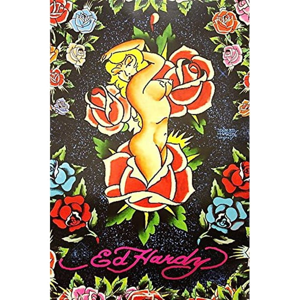 Ed Hardy Rose Pinup 36x24 Tattoo Art Print Poster Naked Lady Girls