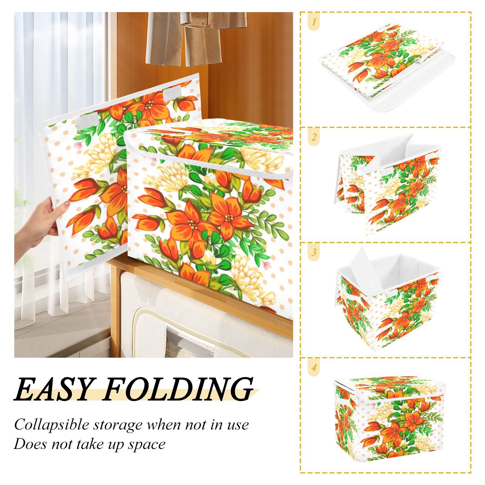 Orange floral seamless pattern Foldable Kids Toy Chest with Flip-Top Lid, Collapsible Fabric Toy Storage Organizer/Bin/Box/Basket/Trunk for Toddler