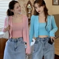thumbnail image 4 of Women's Knit Striped Two-piece Tops Fashion Sexy Solid Color Sling + Long Sleeve Cardigan Coat, Pink, 4 of 8