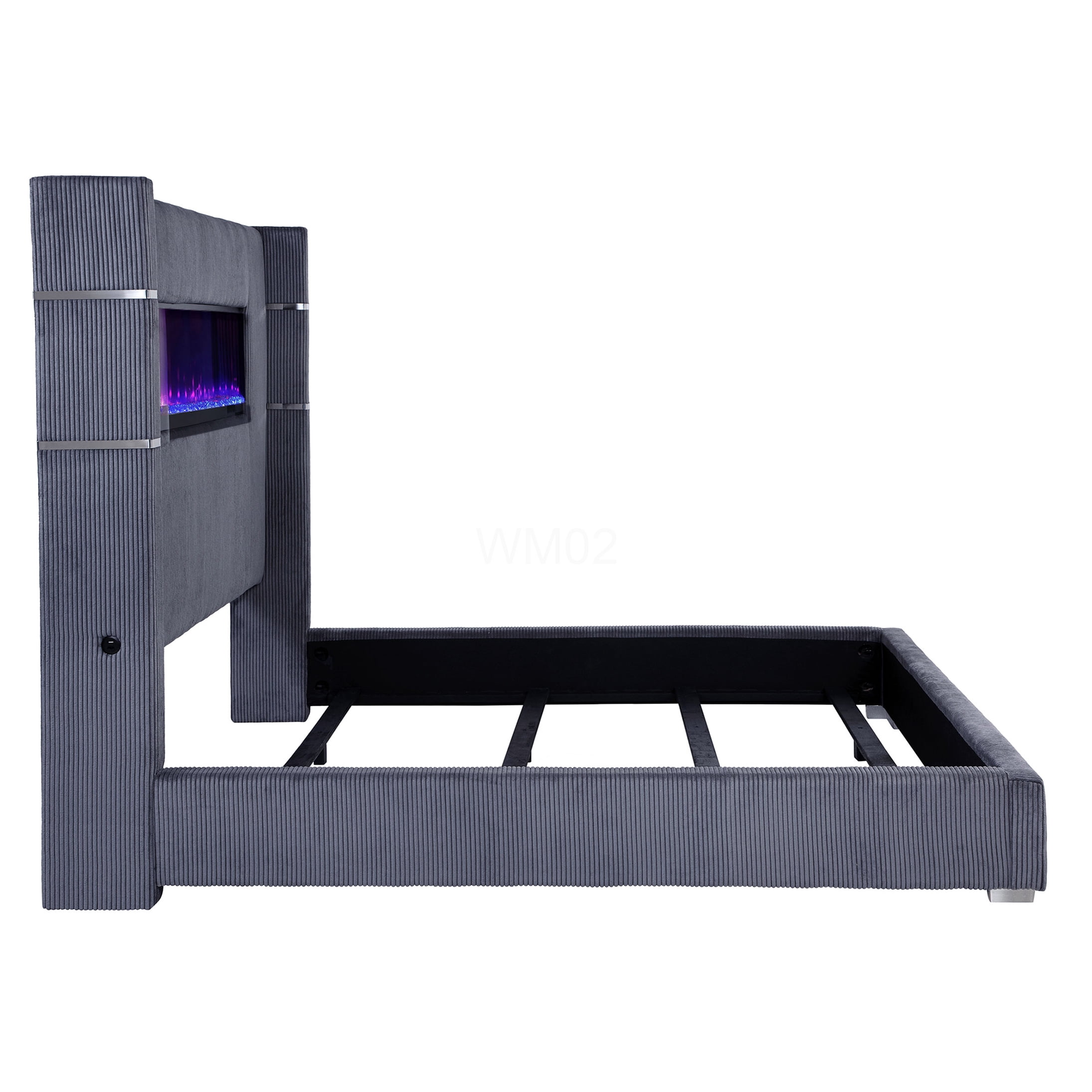 Modern King Size Upholstered Bed Frame with RGB Flame Effects & Storage, Remote Control, Wingback Headboard, Grey