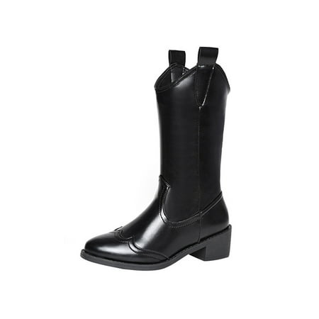 

Avamo Women Western Boot Pointed Toe Mid Calf Boots Chunky Winter Shoes Office Work Fashion Pull On Black 8
