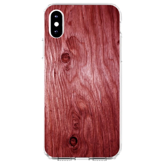 DistinctInk Clear Shockproof Hybrid Case for iPhone XR (6.1" Screen) - TPU Bumper, Acrylic Back, Tempered Glass Screen Protector - Dark Red Weathered Wood Grain Print - Printed Wood Grain Image
