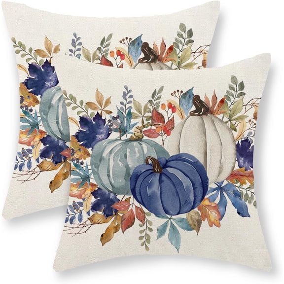 Fall Pillow Covers 18x18 Inch Set of 2 Dark Blue White Green Pumpkin Maple Leaf Decoration Throw Pillows Autumn Thanksgiving Outdoor Pillow Cases Linen Cushion Case Fall Decor for Home Couch