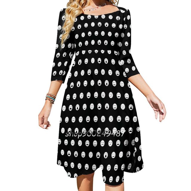 Vestido elegante dulce con lunares blancos para mujer, vestido coreano kawaii con cuello cuadrado, estampado de lunares, sonrisa en blanco y negro, lunares divertidos