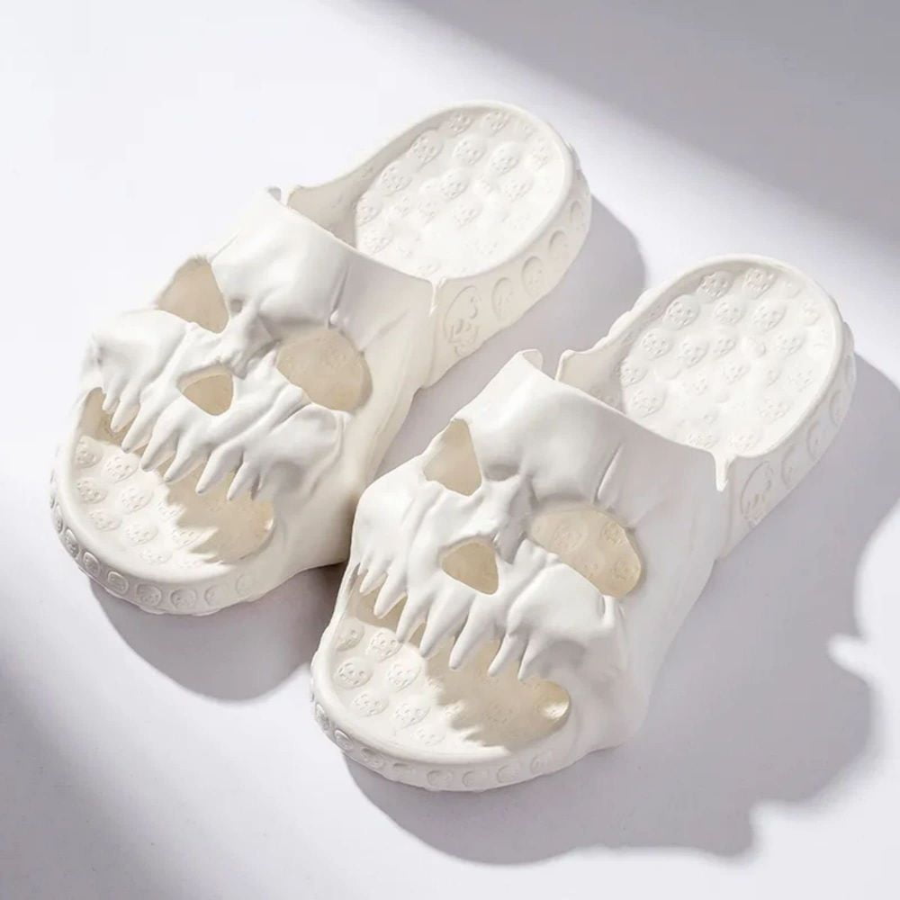  Feionusin Skull Design Summer Single Band Slides,2023 New  Unique Skull Shape EVA Pillow Slippers for Women and Men, Fashion Non-Slip