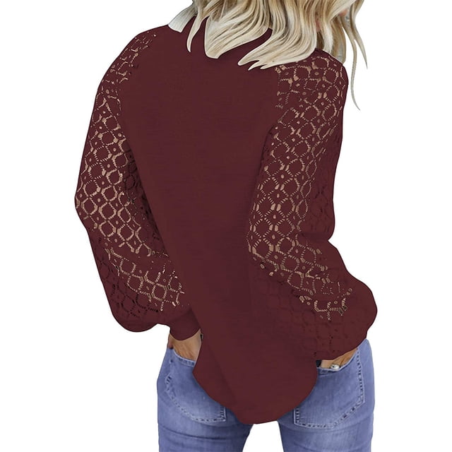 Qarigey Blusa de manga larga de encaje para mujer Camiseta de color sólido con cuello de encaje Prendas para la parte del cuerpo Vino rojo L